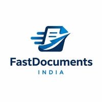 Logo for "FastDocuments INDIA" featuring a blue, stylized document icon with motion lines and a swooping arrow, paired with the company name in a bold sans-serif font.