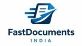 Logo for "FastDocuments INDIA" featuring a blue, stylized document icon with motion lines and a swooping arrow, paired with the company name in a bold sans-serif font.