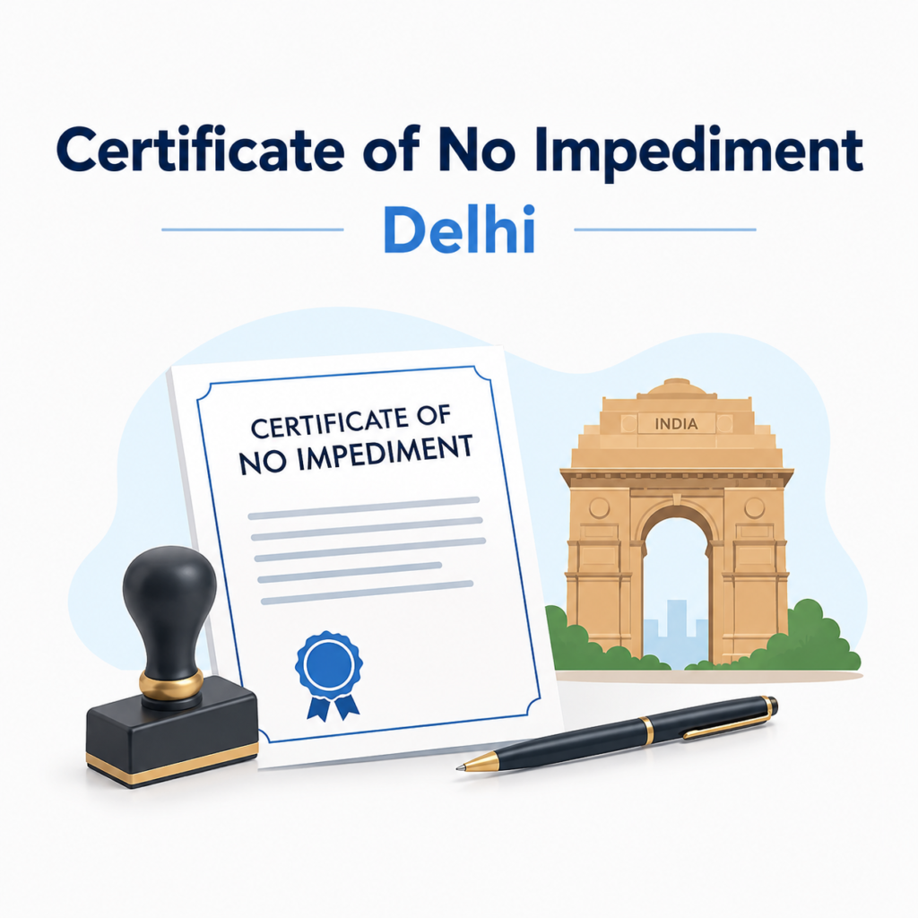 Certificate of No Impediment Delhi with official document, stamp, pen and India Gate illustration