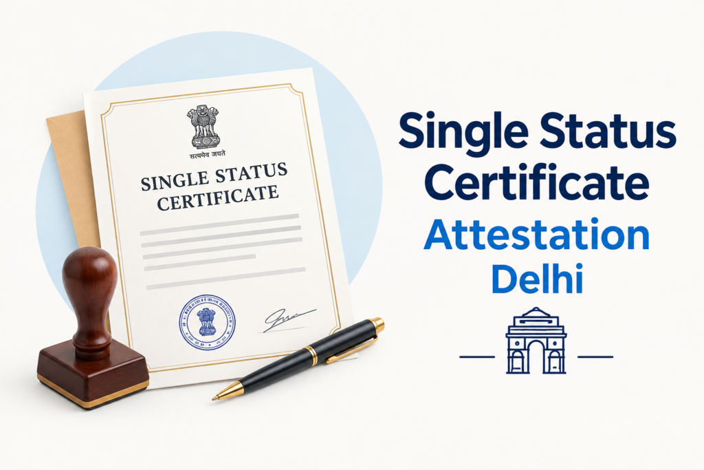 Single Status Certificate Attestation Delhi with certificate, stamp and pen