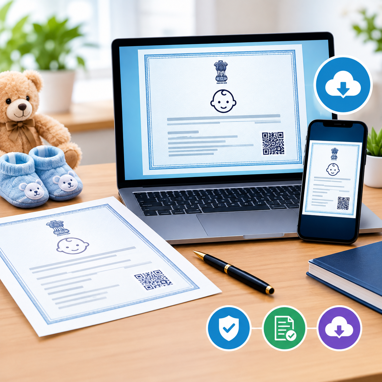 Digital Birth Certificate service with certificate displayed on laptop and smartphone