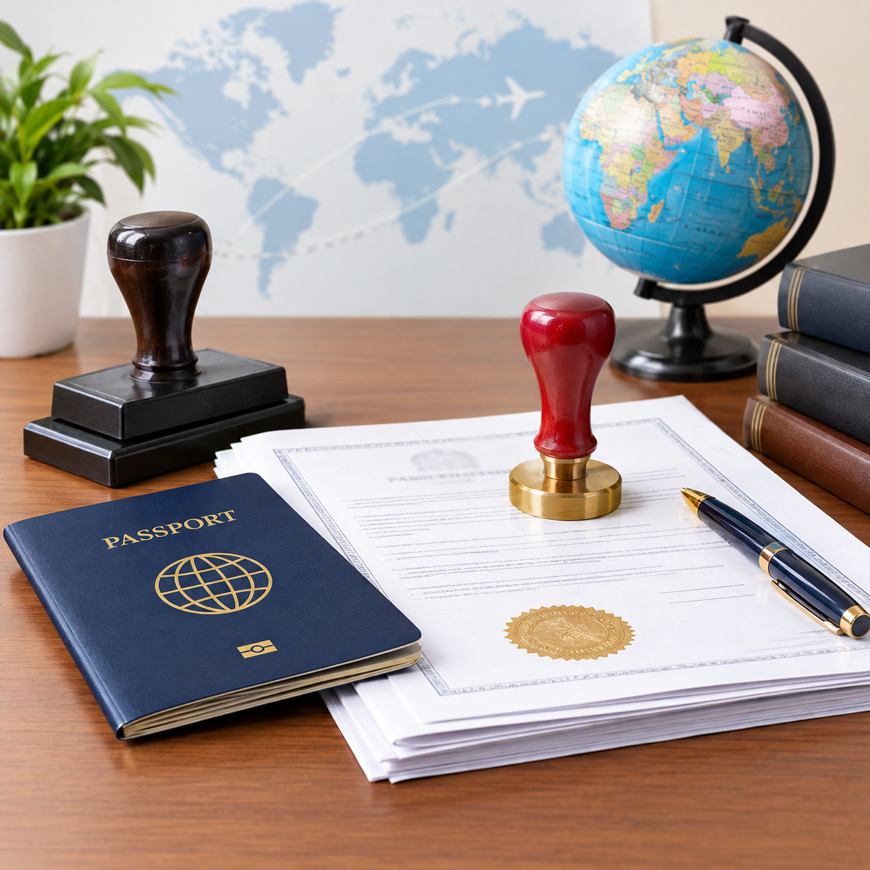 Apostille and attestation service documents with passport, official stamps, seal, and globe