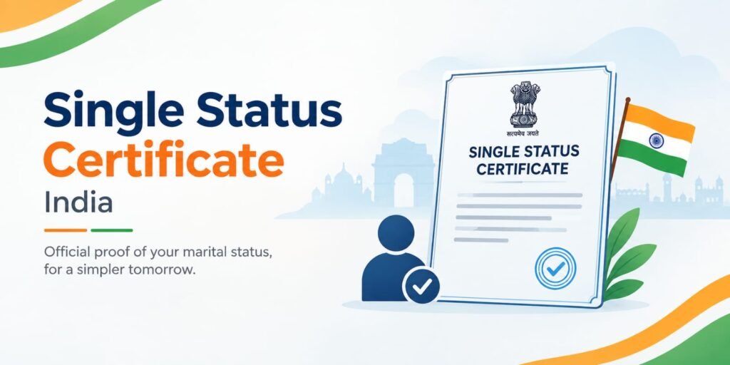 Single Status Certificate India featuring an official certificate, Indian flag, and verification symbol.